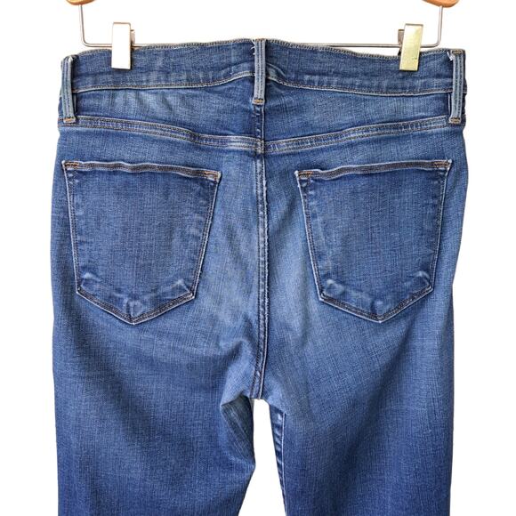 FRAME Le High Flare Jeans Size 29 Medium Wash Whiskering Raw Hem Stretchy - Picture 9 of 12